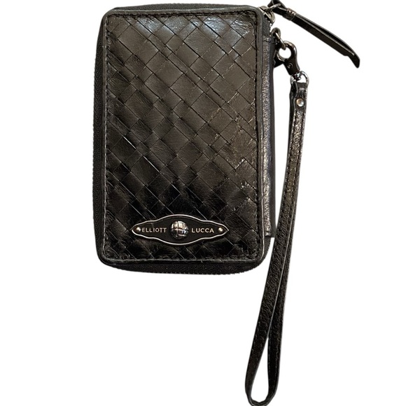 Elliott Lucca Black Leather Woven Wristlet Wallet - Picture 1 of 6